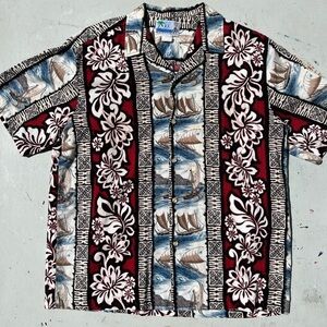 Men's RJC Hawaiian Shirt Multicolor Sailboat L Tropic Beach Luau Surf USA Island